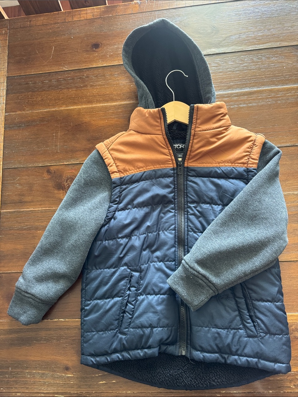 Kids Navy & Brown Puffer Hooded Jacket - Cozy Quilted Coat